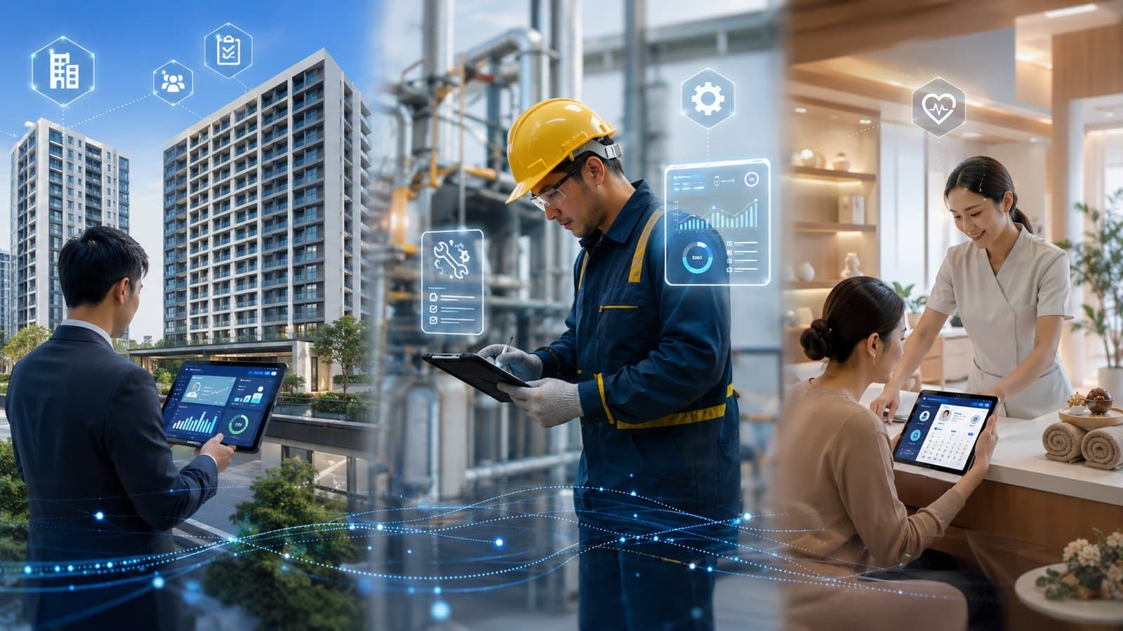 Pengelola properti, teknisi maintenance, dan front desk wellness menggunakan sistem Neo-Tekno
